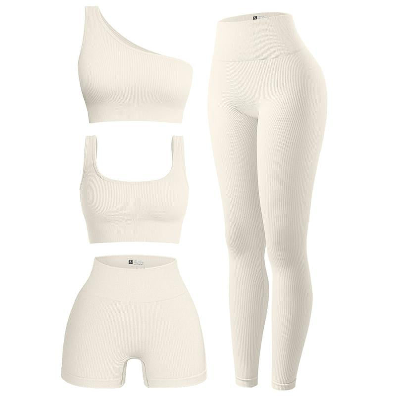 OQQ Women'S 4 Piece Outfits Ribbed Exercise Scoop Neck Sports Bra One Shoulder Tops High Waist Shorts Leggings Active Set