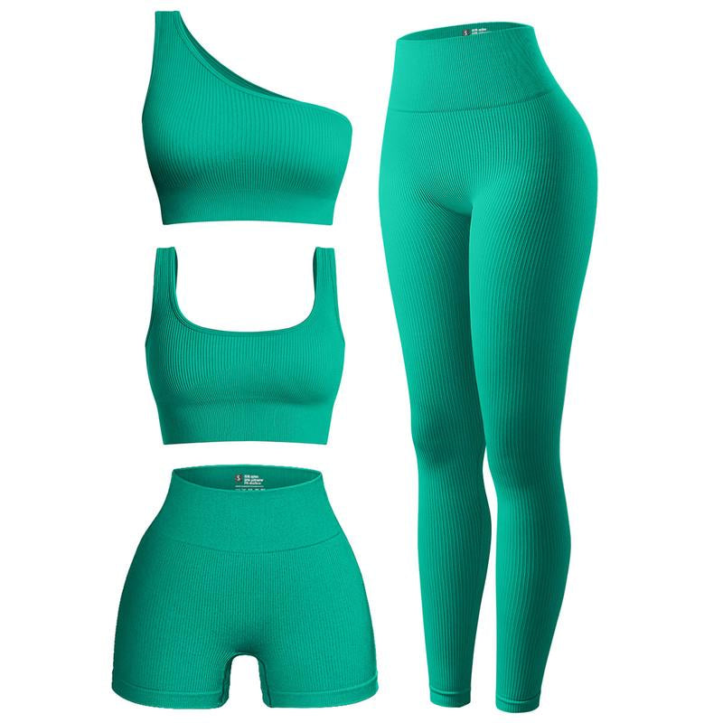 OQQ Women'S 4 Piece Outfits Ribbed Exercise Scoop Neck Sports Bra One Shoulder Tops High Waist Shorts Leggings Active Set