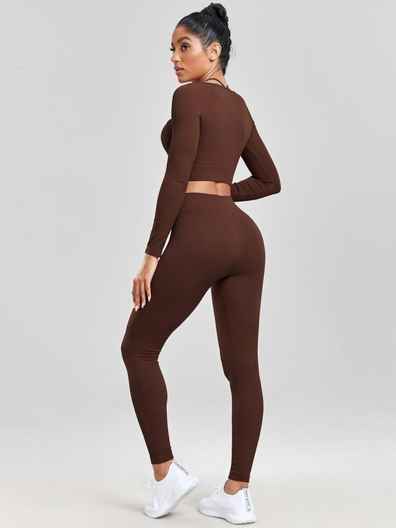 Women'S Solid Long Sleeve Crop Top & Leggings Tracksuit Set, Square Neck Tee & Yoga Pants, Women'S Sportswear for Gym Running, Minimalistic Outfit, Fall Outfits, Tracksuit for Women Fall Outfits, Workout