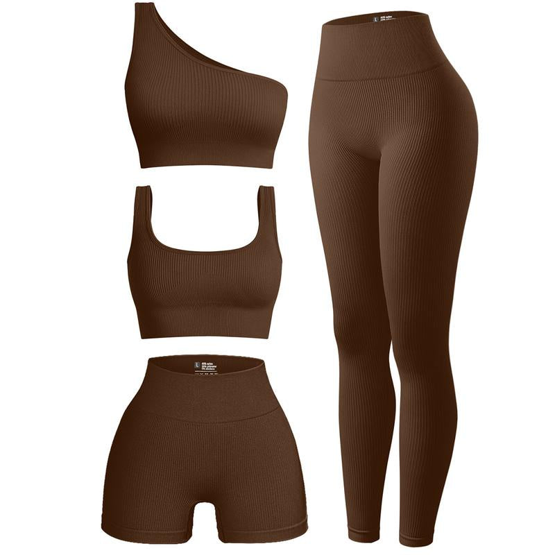 OQQ Women'S 4 Piece Outfits Ribbed Exercise Scoop Neck Sports Bra One Shoulder Tops High Waist Shorts Leggings Active Set