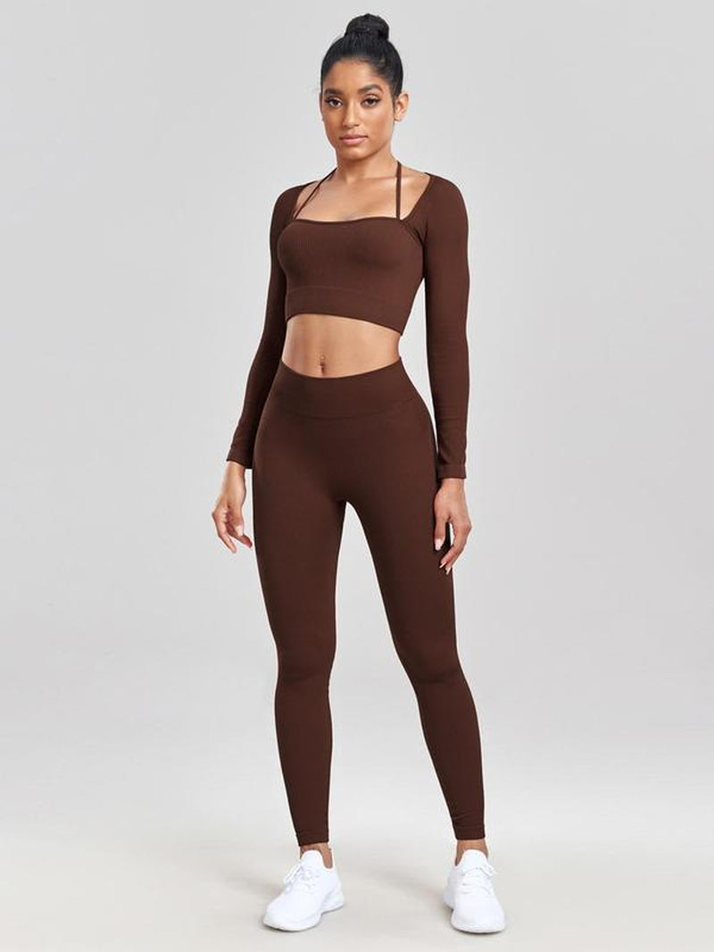 Women'S Solid Long Sleeve Crop Top & Leggings Tracksuit Set, Square Neck Tee & Yoga Pants, Women'S Sportswear for Gym Running, Minimalistic Outfit, Fall Outfits, Tracksuit for Women Fall Outfits, Workout