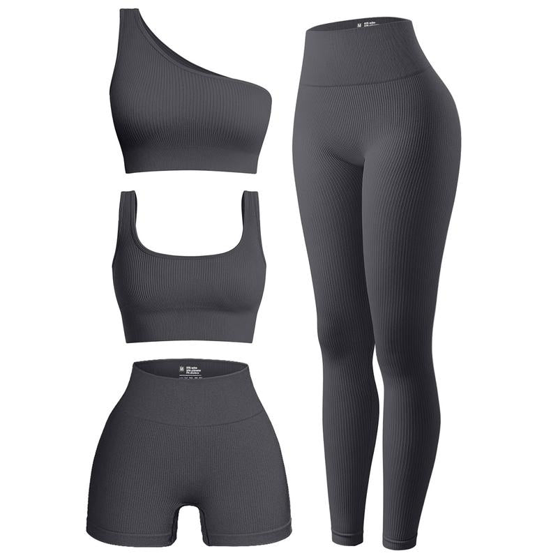 OQQ Women'S 4 Piece Outfits Ribbed Exercise Scoop Neck Sports Bra One Shoulder Tops High Waist Shorts Leggings Active Set