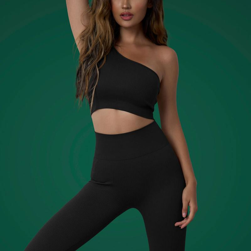 OQQ Women'S 4 Piece Outfits Ribbed Exercise Scoop Neck Sports Bra One Shoulder Tops High Waist Shorts Leggings Active Set