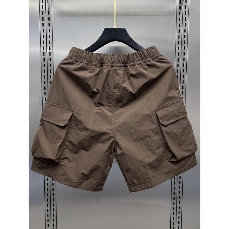 Men'S Japanese Retro Cargo Shorts, Multi-Pocket, Solid Color, Non-Stretch Fabric, for Hiking & Outdoor Activities, Menswear Polyester Tropical