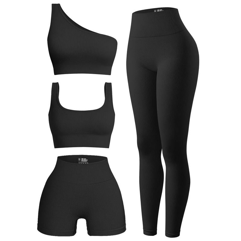 OQQ Women'S 4 Piece Outfits Ribbed Exercise Scoop Neck Sports Bra One Shoulder Tops High Waist Shorts Leggings Active Set