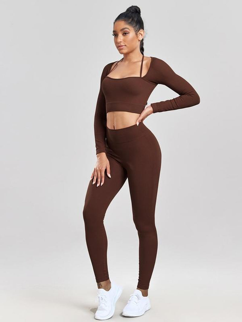 Women'S Solid Long Sleeve Crop Top & Leggings Tracksuit Set, Square Neck Tee & Yoga Pants, Women'S Sportswear for Gym Running, Minimalistic Outfit, Fall Outfits, Tracksuit for Women Fall Outfits, Workout