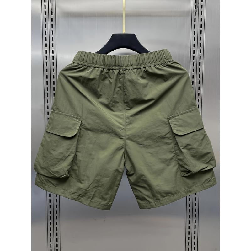 Men'S Japanese Retro Cargo Shorts, Multi-Pocket, Solid Color, Non-Stretch Fabric, for Hiking & Outdoor Activities, Menswear Polyester Tropical